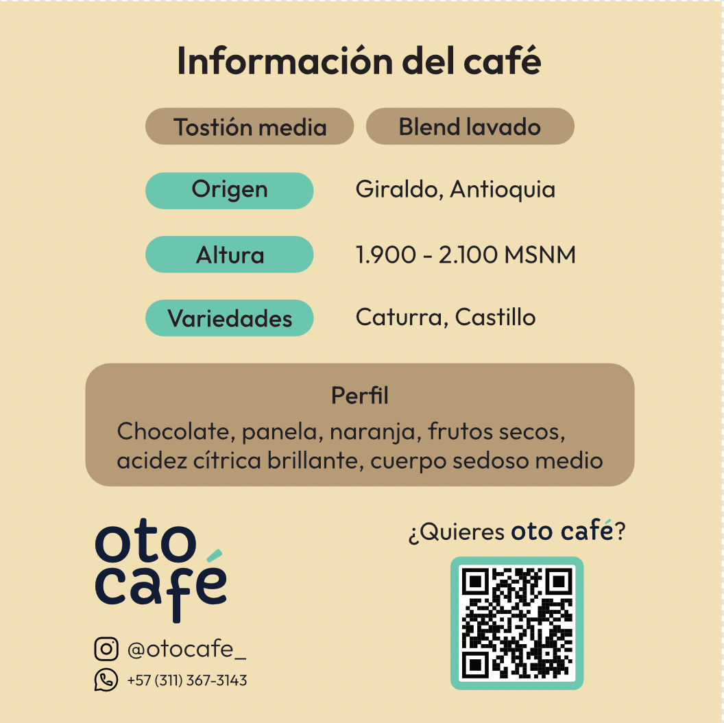 Etiqueta trasera del empaque de Oto Café con fondo beige que detalla la información del producto: tostión media, blend lavado, origen en Giraldo, Antioquia, altura de 1.900 a 2.100 MSNM y variedades Caturra y Castillo. También describe el perfil de taza (chocolate, panela, naranja, frutos secos) e incluye el logo, redes sociales, número de contacto y un código QR.