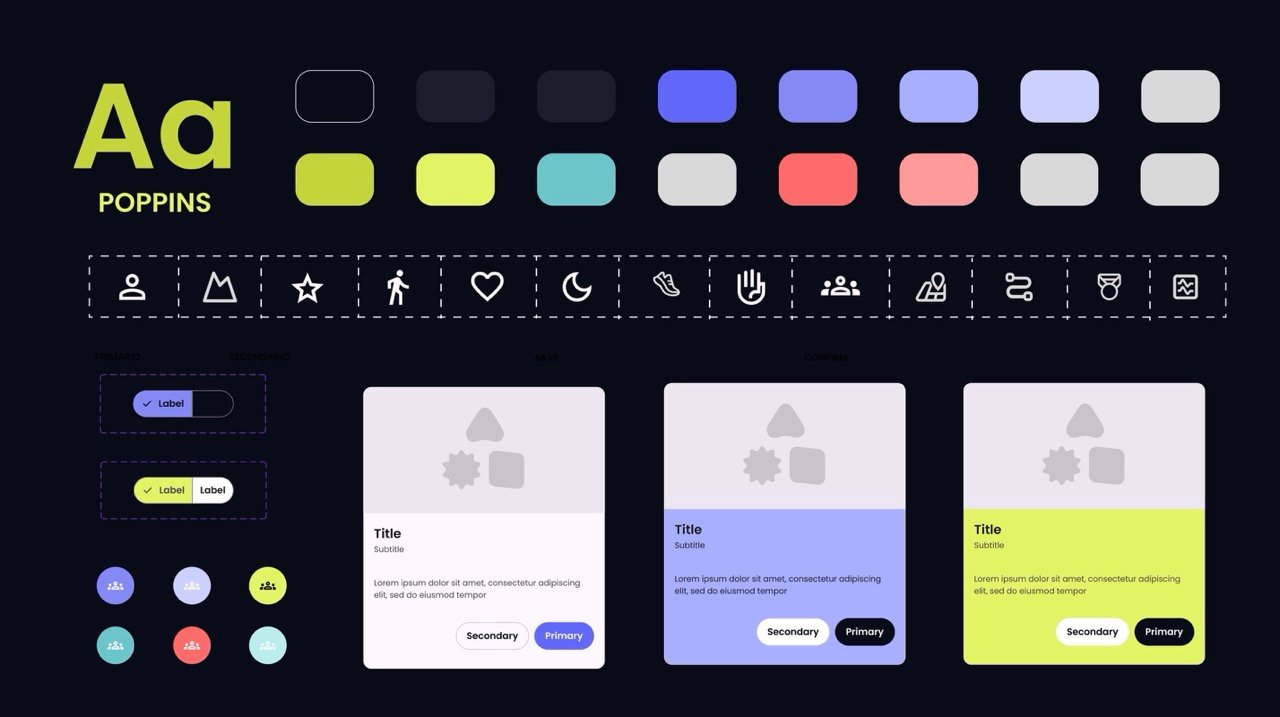 Guía de estilo visual y sistema de diseño de la aplicación, mostrando la tipografía Poppins, paleta de colores, iconografía y ejemplos de tarjetas de contenido