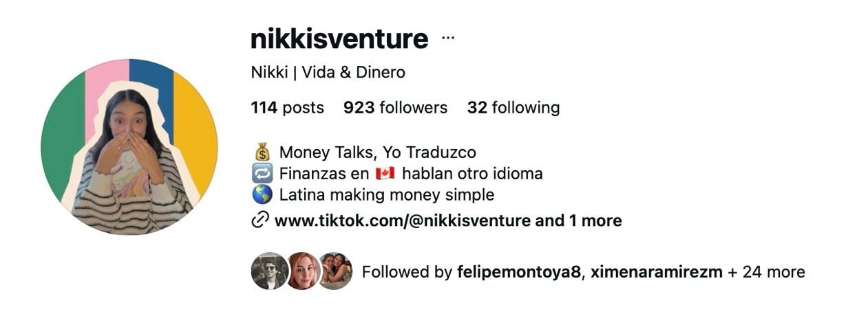 Captura de Redes sociales del perfil de Instagram "Nikkisventure" con 115 publicaciones, 923 seguidores y 32 seguidos.